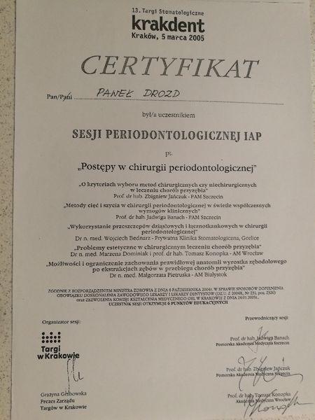 Certyfikat sesji periodontologicznej iap
